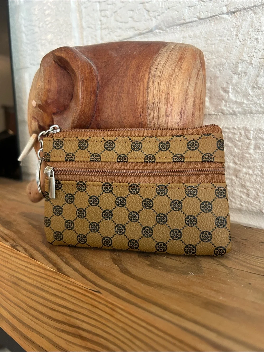 Brown Patterned Double Zip Coin Pouch (NWOT)